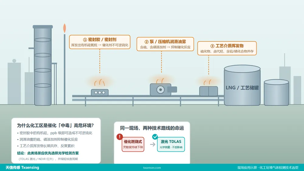 化工场景中密封胶、润滑油、工艺介质挥发物并存，催化燃烧传感器中毒高危环境示意